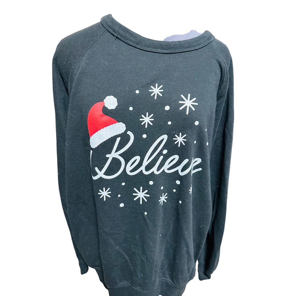 Lane Seven Black Believe‎ Christmas Santa Hat Snowflake Graphic Sweatshirt XL